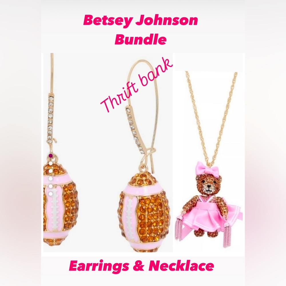 🏈 Betsey Johnson cheerleader bear Football  Earrings and necklace bundle BUNDLE